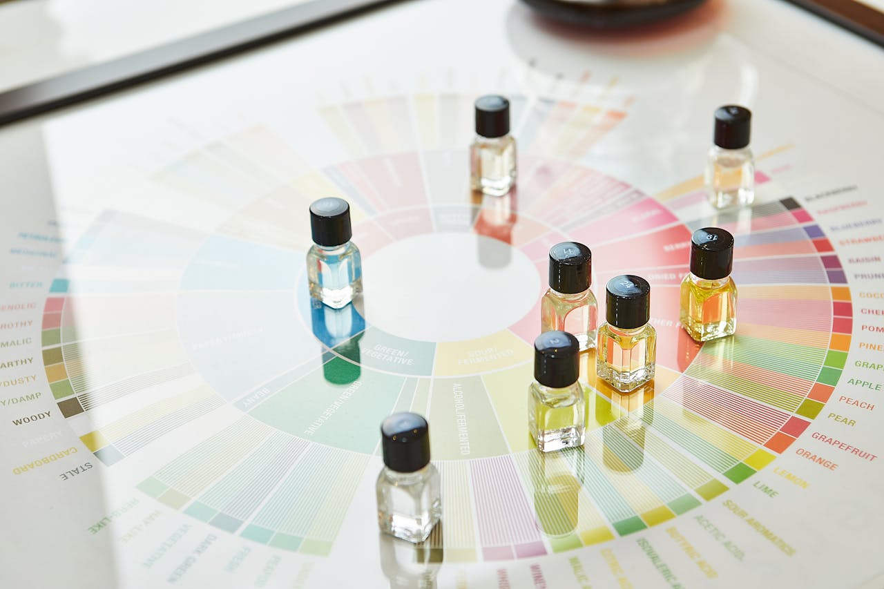 A collection of small colorful vials on a fragrance wheel, illustrating aroma categories.